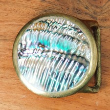 70's Round MOP Mother of Pearl Abalone Inlay Hippie Brass Belt Buckle