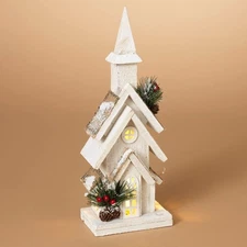 15-Inch Rustic LED Lighted White Wooden Christmas Church House w/Faux Greener...