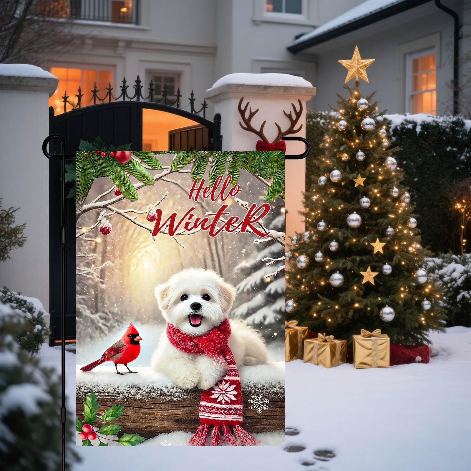 Hello Winter Garden Flag 12X18 Inch Cute Dog and Snowy Scene Christmas Garden