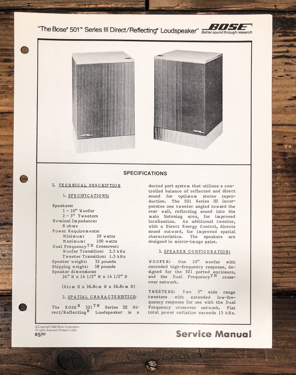 Bose Model 501 Series III / 3 Speaker Service Manual *Original*