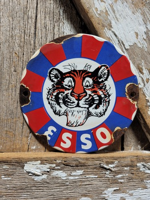 #ad VINTAGE ESSO PORCELAIN SIGN OLD MOTOR OIL TIGER MOTORCYCLE 6quot; GAS PUMP PLATE $148.72