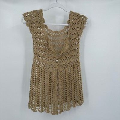 Womens Boho Crochet Top Size S Vest Festival Hippie Beachy Neutral Earthy
