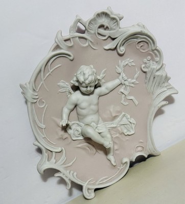 Vintage Pink & White Bisque, Angels, Cherubs, Jasperware Wall Hanging 1960 8 X7 