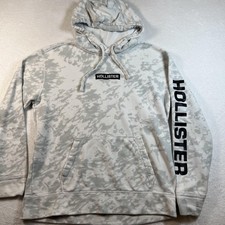 Hollister Hoodie Mens Large Gray Pullover Fleece Sweatshirt Logo Sleeve Camo