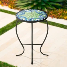 Modern Mosaic Black Round Outdoor Accent Table 14" Wide Light Green Porch Patio
