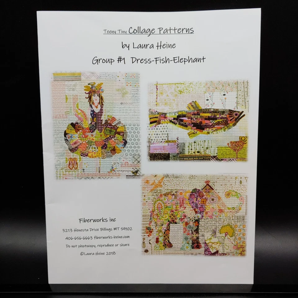 Teeny Tiny Collage Quilt Patterns Group 1, 16x20 Laura Heine Dress Fish Elephant - Image 2 of 3