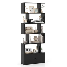 6-Tier S-Shaped Bookcase Storage Rack Bookshelf w/Cabinet Anti-toppling Devices