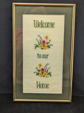 Vintage Gold Framed Cross Stitch Welcome To Our Home Floral Accents 13" x 8"