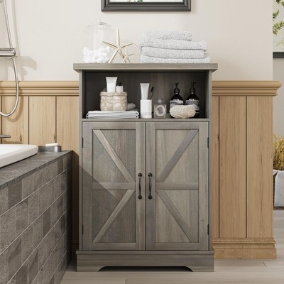 Bathroom Floor Storage Cabinet with Doors and Adjustable Shelf, Grey Kitchen ...