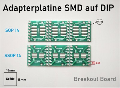 SMD Adapterplatine SOP14 1,27mm , SSOP14 0,65mm Adapter auf  DIP14 RM 2,54mm PCB