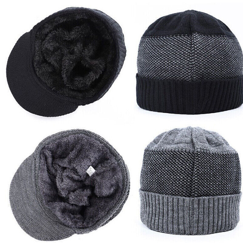 Mens Winter Warm Peaked Beanie Hat Fleece Lined Outdoor Ski Cap with