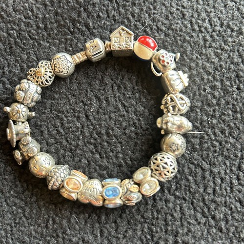 Pandora 21 Charm 925 Sterling Pink Blue Stones Mom Heart Star Bear 8”Bracelet