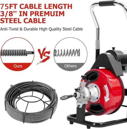 75 Ft X 3/8 Inch Drain Cleaner Machine Electric Drain Auger Auto Feed With Kits - Picture 3 of 7