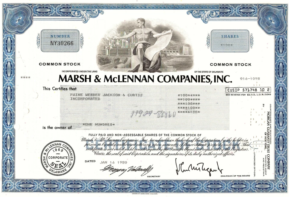 Marsh & McLennan Companies Inc., 16.01.1980 - 100 Shares (blau) - Bild 1 von 1