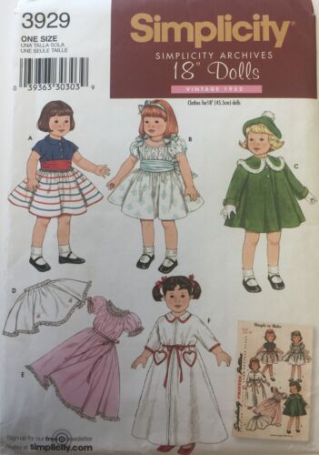 Simplicity Sewing Pattern 3929, Clothes for 18" Doll, Vintage 1952 Repro - Picture 1 of 8