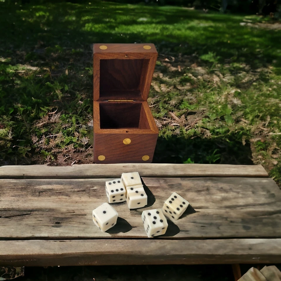 Juego de 6 dados Ludo D6 de hueso de camello hechos a mano 16 mm cuadrados en una caja de incrustaciones de madera Foto 2 de 4