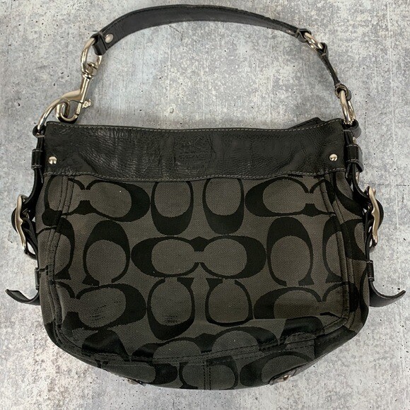 Coach Zoe Hobo Signature Logo Black Canvas Leather Shoulder Tote
