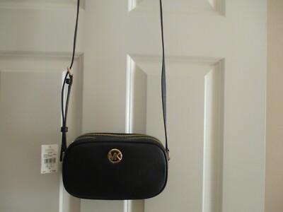 $198 Michael Kors Fulton Double Zip Crossbody Bag Black Pebbled