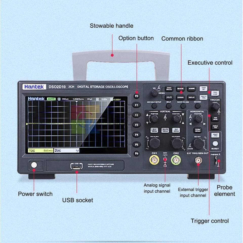 Hantek Digital Storage Oscilloscope 2CH 150Mhz 1GS/s DSO2C10+2D15 Signal Source - Image 4 of 4