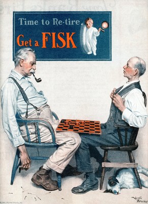 1925 Original Fisk Tires Ad. 2 Old Men Playing Checkers. Leslie Thrasher Art