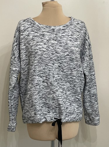 Gap Fit Sweatshirt Womens Fleece Sweater Gray Striped Drawstring Round Neck Sz M
