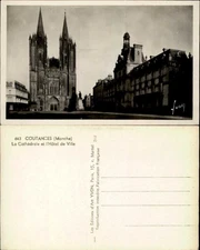 Coutances Manche France La Cathedrale et l'Hotel de Ville real photo rp rppc