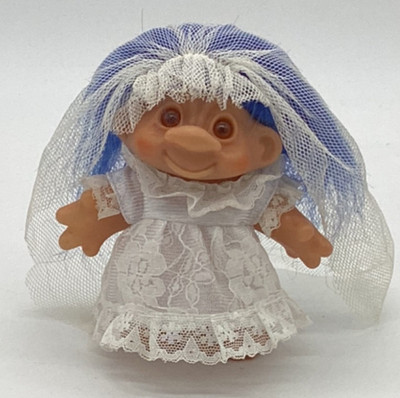 Vintage DAM Troll Doll 1986 Blue Hair Wedding Bride Veil Wedding Dress Denmark