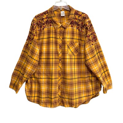 Terra & Sky Flannel Top Womens Sz 2X Yellow Plaid Button Up Burgundy Embroidery