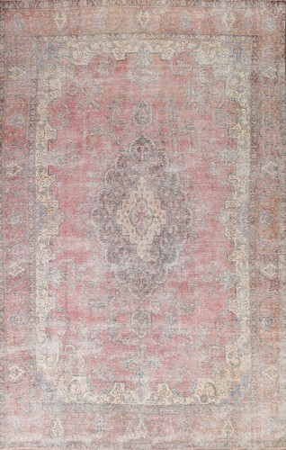 Semi-Antique Muted Distressed Traditional Pink Wool Hand-made Room Size Rug 9x13