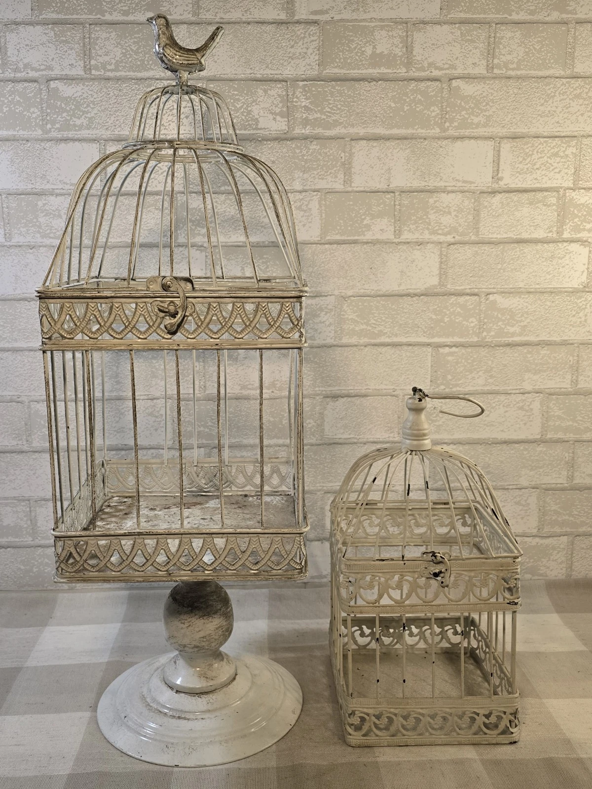 Birdcage Pedestal Base w/ Bird 28" & Hanging Cage 14" White Painted Metal Decor