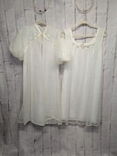 VINTAGE 50  s Gotham Lingerie Cream Peignoir Set 2 pc Size M Embroidered Chiffon