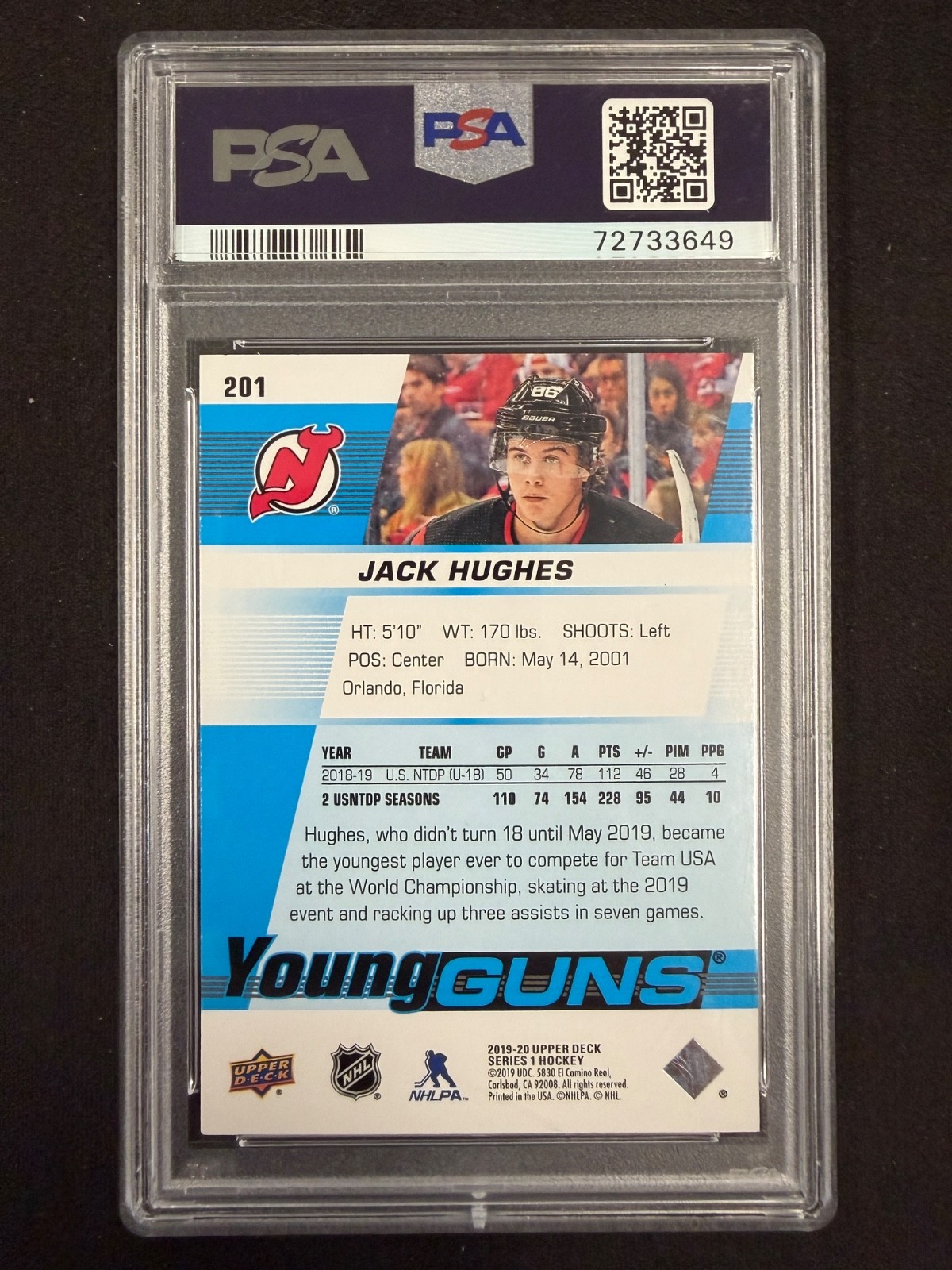 2019-20 Upper Deck #201 JACK HUGHES Young Guns * PSA 10 Gem view 2