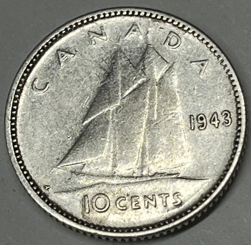 1943 Canadian 10 Cent Silver Dime.  Clear And Vivid Example.  Free Shipping !!