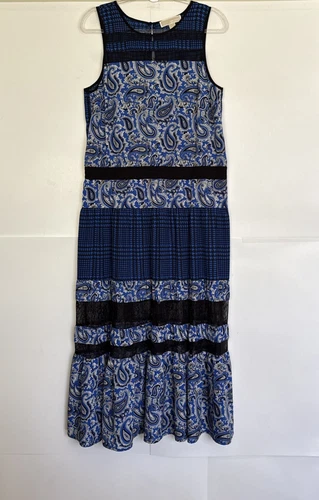 Maxi Abito Michael Kors Lazio Blu Paisley Mix Stampa Nero Pizzo Taglia L