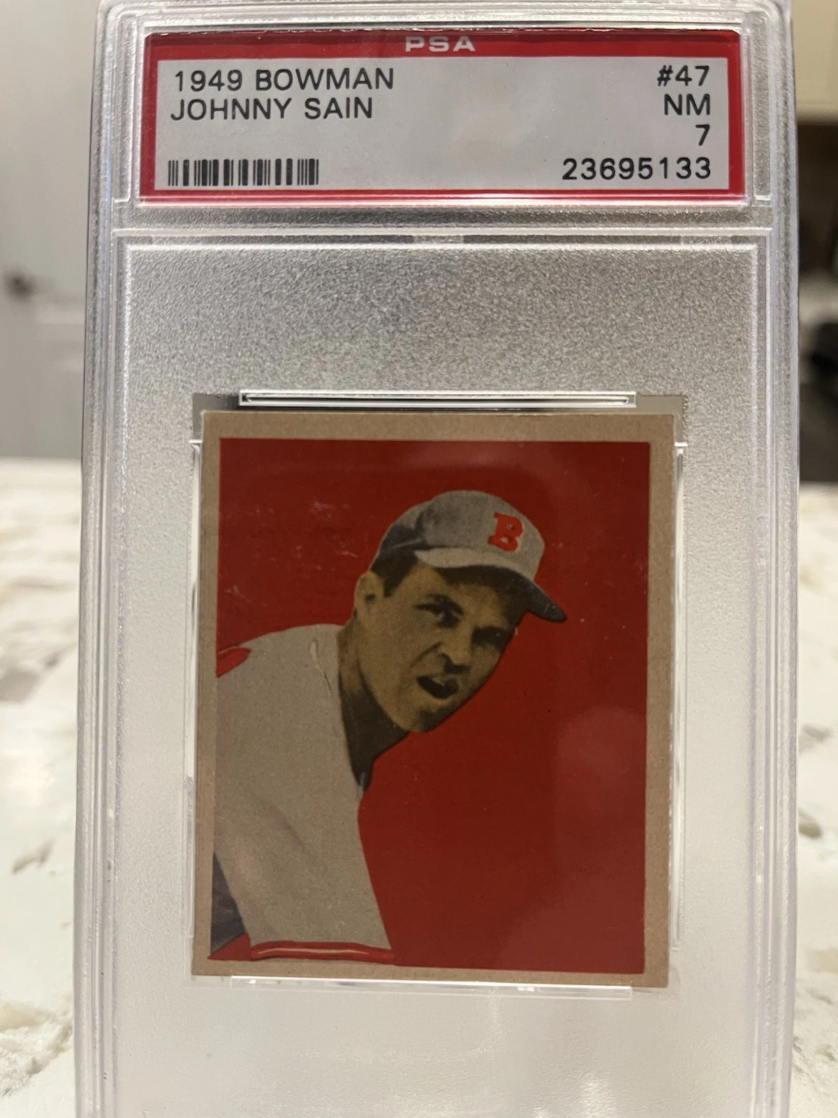 1949 Bowman #47 Johnny Sain Pitcher Boston Braves PSA NM 7