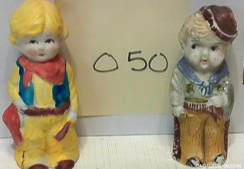 Lot of 2 Antique Cowboy Frozen Charlie Bisque Penny Toy Figurines
