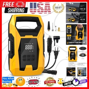AC/DC Tire Inflator Portable Air Compressor, Dual Power for Home 110V AC and ...