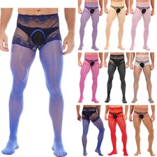 Mens Floral Lace See-through Crotchless Mesh Pantyhose Stockings Sissy Nightwear
