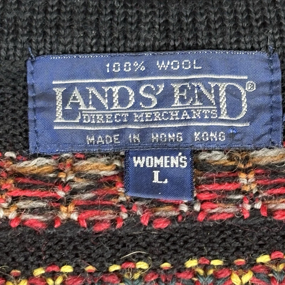 Suéter De Colección Lands End Para Mujer L/XL 100% Lana Negro Rojo Cuello Redondo Hong Kong Foto 3 de 4