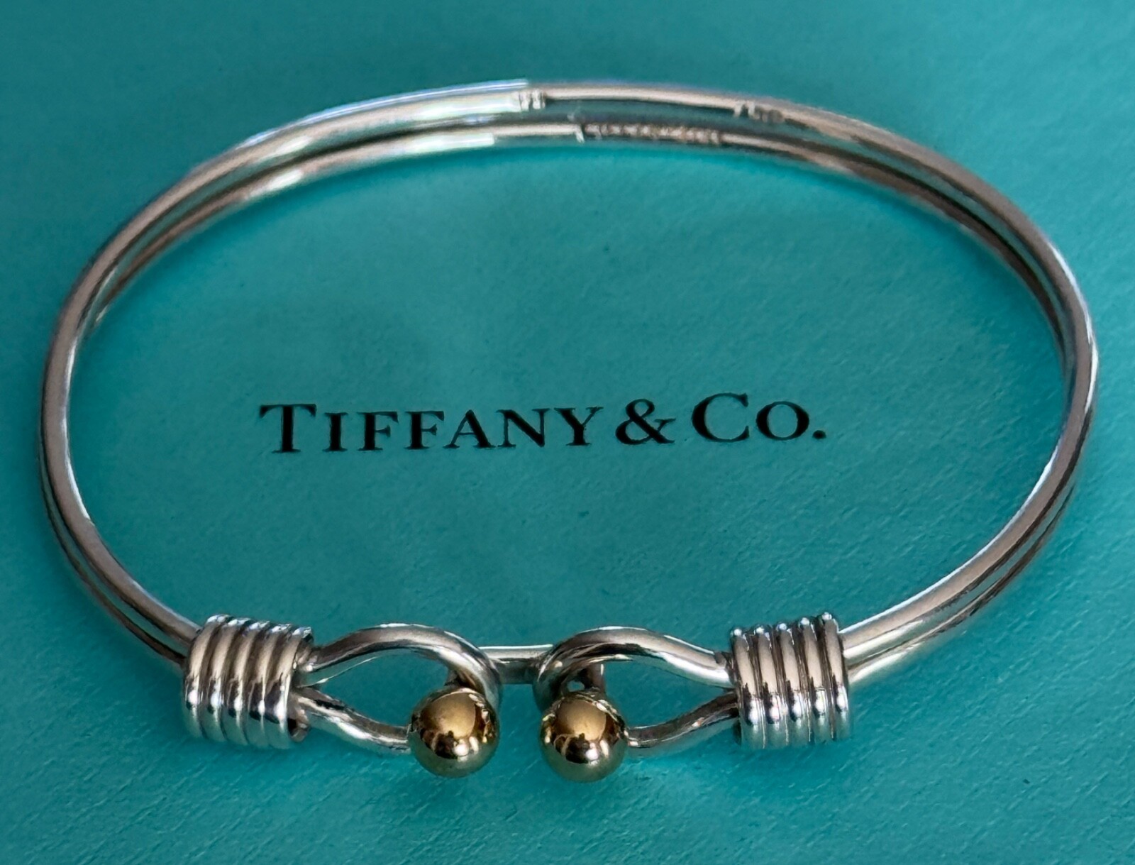 Tiffany & Co Sterling Silver 925 and 18k Gold Double Ball Coil Bangle Bracelet