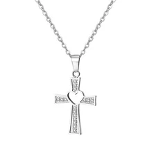 Womens Christ Hollow Heart Cross Necklace Stainless Steel Cubic Zirconia Pendant