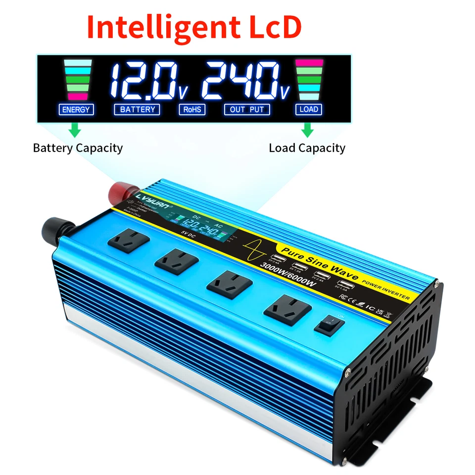 3000W 6000W Pure Sine Wave Power Inverter 12V - 240V 4USB 4Socket Remote Control - image 2 of 4