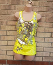 River Island lime neon green silver sequin party blouse t shirt top vest 8 S