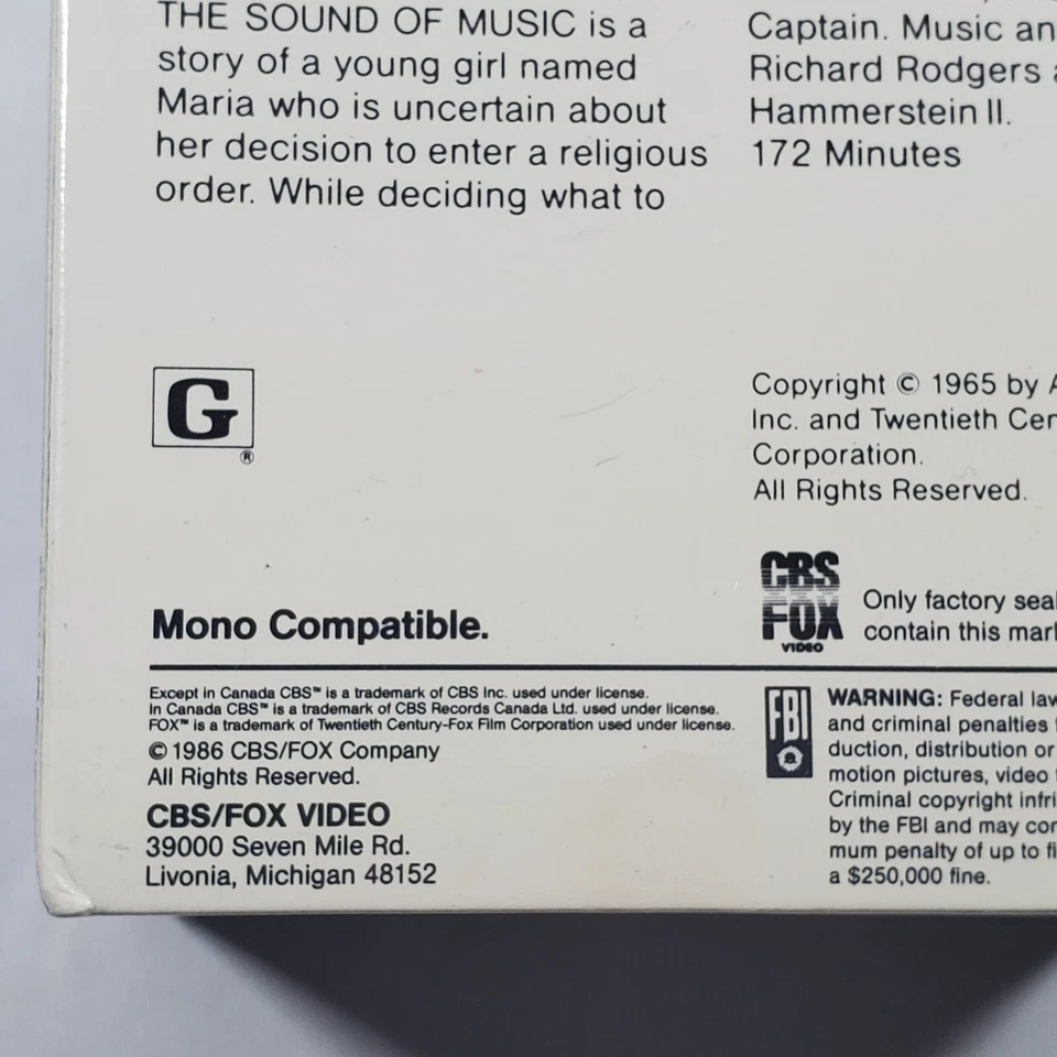 The Sound of Music VHS Tape  Red Label CBS Fox Blue Watermark New Sealed 1986 - Image 4 of 4