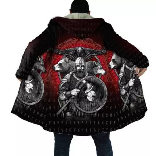 Viking Tattoo 3D Printed Long Sleeve Jacket Hooded Cloak Winter Coat Men Costume - Picture 5 of 26