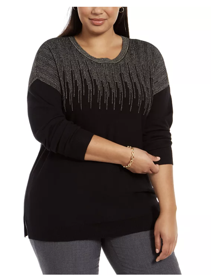 Alfani women's Plus Size Sparkle Shoulder Sweater black gold size