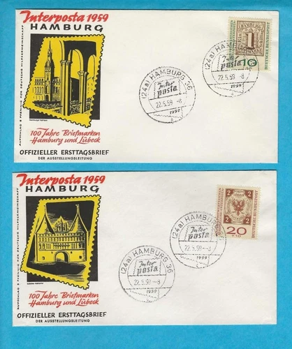 GERMANY - TWO 1959 HAMBURG & LUBEC FIRST DAY COVERS - SCOTT B366-B367 - N130f