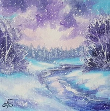 Original Winter River Snowfall Oil Painting Morning Blue Purple Landscape Art