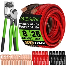 GEARit 8 Gauge CCA Ground Wire Kit 25ft with Crimper, Cutter, Lugs, Heat Shrink