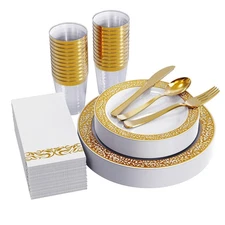 New FOCUSLINE 175 Ct Gold Dinnerware Set for 25 Guests Plastic Plates with Lace